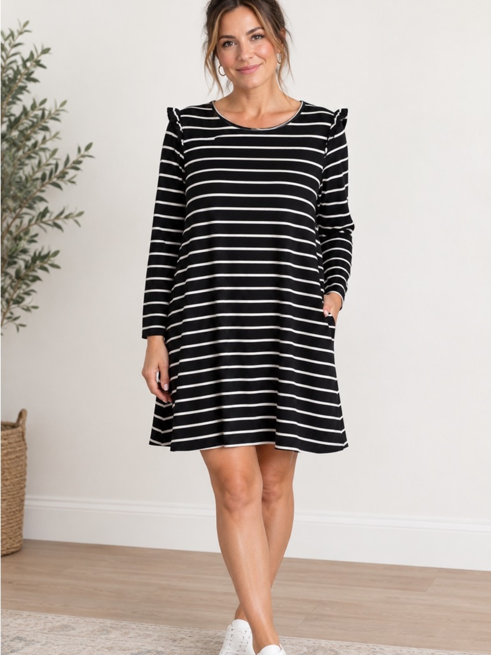Old Navy Black and White Striped Long Sleeve Dress with Shoulder ruffles large